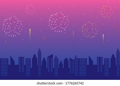 Fireworks burst explosions with citycape in pink sky background vector illustration design