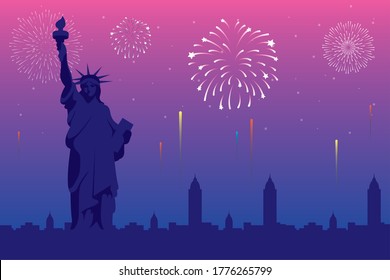 Fireworks burst explosions with new york city scene in pink background vector illustration design