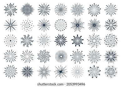 Fireworks burst icons, abstract firework explosion doodles. Bengal light sparkle, bursting festival firecracker, celebration firework vector set. Festive birthday or christmas exploding