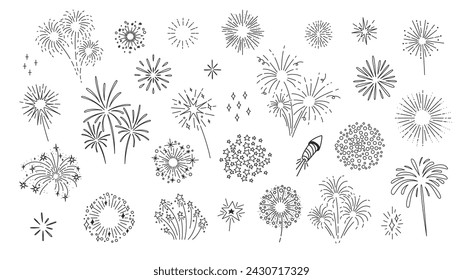 Fireworks Burst Line-Symbole gesetzt. Dünne schwarze Umriss-Silhouette von Starburst oder Sonne mit Lichtstrahlen und Funken, Feuerwerk Explosion monochrome Icons, festliche Party Element Sammlung Vektor-Illustration