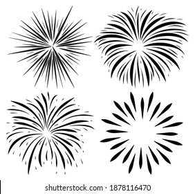 Los fuegos artificiales rompen el conjunto de iconos de la silueta. El destello feriado cae después de la explosión de la petard. Colección vectorial de feliz símbolo negro de año nuevo. Ilustración festiva aislada en fondo blanco. 