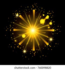 fireworks bursting in shape of radiant sun with yellow flashes on black background