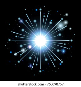 fireworks bursting in shape of star with light blue flashes on black background