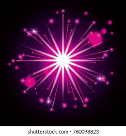 fireworks bursting in shape of star with radiant magenta flashes on black background