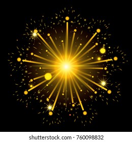 fireworks bursting in shape of star with yellow flashes on black background