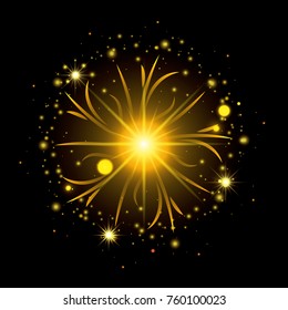 fireworks bursting in shape of sun with yellow flashes on black background