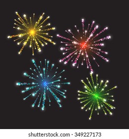 Fireworks bursting in various shapes sparkling set against black background. abstract vector illustration