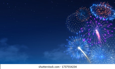 Fireworks bursts in starry night sky. Festival firework show, colorful bright banger and firecracker burst. Christmas celebration realistic vector background