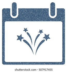 Fireworks Calendar Day grainy textured icon for overlay watermark stamps. Flat symbol with dirty texture. Dotted vector blue ink rubber seal stamp with grunge design on a white background.