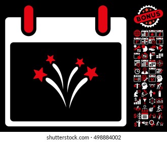 Fireworks Calendar Day icon with bonus calendar and time management clip art. Vector illustration style is flat iconic symbols, red and white, black background.