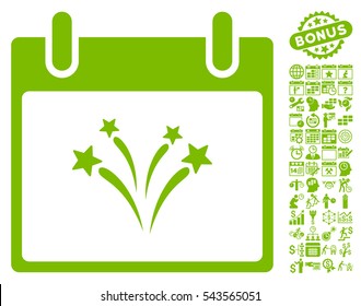 Fireworks Calendar Day icon with bonus calendar and time management pictures. Vector illustration style is flat iconic symbols, eco green, white background.