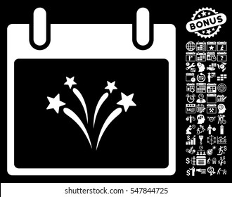 Fireworks Calendar Day icon with bonus calendar and time management pictograph collection. Vector illustration style is flat iconic symbols, white, black background.
