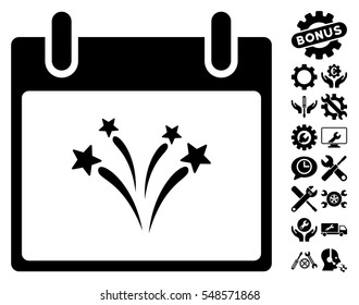 Fireworks Calendar Day icon with bonus setup tools pictograms. Vector illustration style is flat iconic symbols, black, white background.