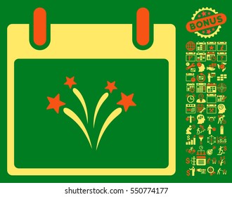 Fireworks Calendar Day icon with bonus calendar and time management pictograph collection. Vector illustration style is flat iconic symbols, orange and yellow, green background.