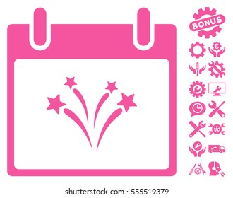 Fireworks Calendar Day icon with bonus service pictures. Vector illustration style is flat iconic symbols, pink, white background.