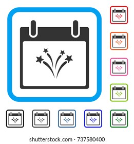 Fireworks Calendar Day icon. Flat gray pictogram symbol inside a light blue rounded rectangular frame. Black, gray, green, blue, red, orange color versions of Fireworks Calendar Day vector.