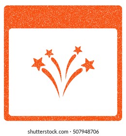 Fireworks Calendar Page grainy textured icon for overlay watermark stamps. Flat symbol with dust texture. Dotted vector orange ink rubber seal stamp with grunge design on a white background.