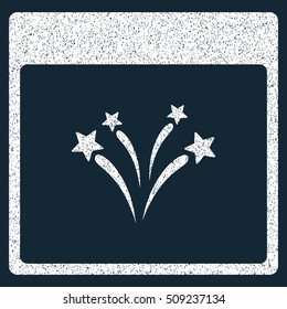 Fireworks Calendar Page grainy textured icon for overlay watermark stamps. Flat symbol with unclean texture. Dotted vector white ink rubber seal stamp with grunge design on a dark blue background.