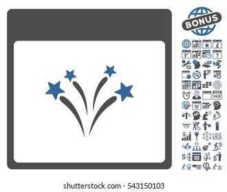 Fireworks Calendar Page icon with bonus calendar and time management symbols. Vector illustration style is flat iconic symbols, cobalt and gray, white background.