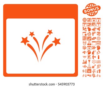 Fireworks Calendar Page pictograph with bonus calendar and time management symbols. Vector illustration style is flat iconic symbols, orange, white background.