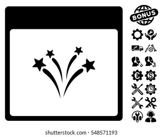 Fireworks Calendar Page pictograph with bonus setup tools graphic icons. Vector illustration style is flat iconic symbols, black, white background.