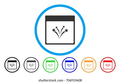 Fireworks Calendar Page vector rounded icon. Image style is a flat gray icon symbol inside a blue circle. Bonus color variants are grey, black, blue, green, red, orange.