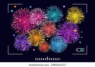 Fireworks camera. Festive video shooting, night flares. Flickering of pyrotechnic lights, glow, sparklers. Event, anniversary, Christmas time. Glowing fireworks captured on camera, viewfinder. Vector.