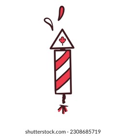 Fireworks with Canada flag. Canada Day. Maple leaf as a symbol. First of July. The symbolism is red and white. Doodle style. Postcard, banner, poster or design. Vector