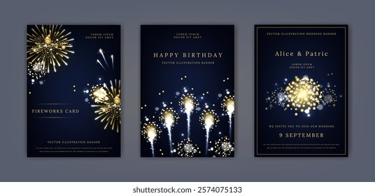 Fireworks card. Background gold, luxury poster design, elegant birthday invitation. Wedding banner. Glitter glowing in night, festive awards, gala anniversary in sparkles vector flyer illustration set