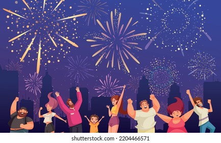 Fireworks cartoon composition with happy people celebrating outdoors vector illustration