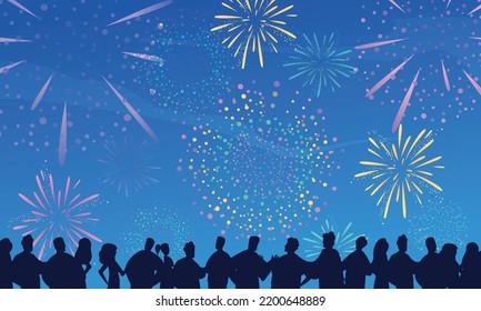 Fireworks cartoon composition with silhouettes of people watching colorful salute explosions vector illustration