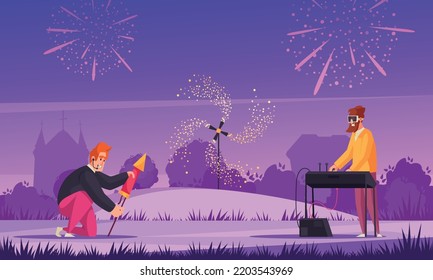 Fireworks cartoon composition with young men shooting pyrotechnic outdoors vector illustration