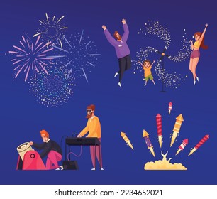 Fireworks cartoon icons set with kids and adults using pyrotechnic isolatedv vector illustration