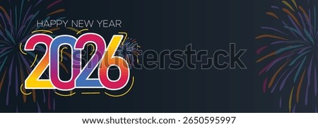 Fireworks Celebration 2026 Banner with Neon Typography and Dark Background