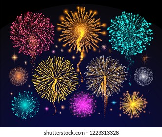 Fireworks celebration of holiday, night sky filled with light vector. Crackers and explosion in evening views, multicolor festival shines and glows