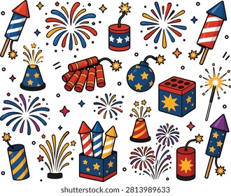 Fireworks Celebration Icon Collection with Rockets Sparklers Firecrackers and Festival Party Elements