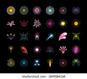 fireworks celebration party glowing color black background vector illustration