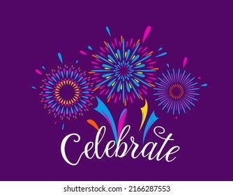 Fireworks celebration vector background. Winner, victory poster, banner concept. Bright color firework on dark sky in simple flat style. Text lettering sign celebrate.