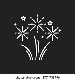 Fireworks Chalk White Icon On Black Background. Pyrotechnics. Celebration Event. Party Entertainment. Bright Sparkles. Shining Stars. Burst Of Confetti. Explosion. Isolated Vector Chalkboard