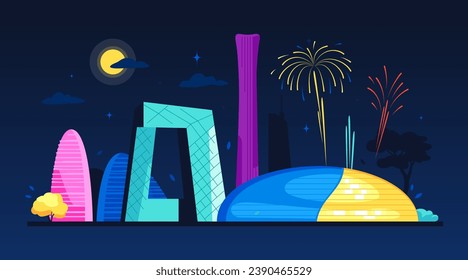 Fuegos artificiales en China de noche - moderna ilustración vectorial de color con el Centro Nacional para las Artes Escénicas, sede de la CCTV, torre de Shanghai y rascacielos Wangjing SOHO. Panorama de la ciudad