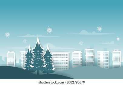 Fireworks City Building Pine Tree Winter New Year Paper Cut Illustration