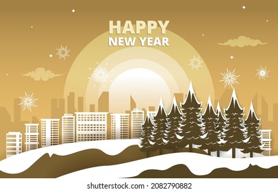 Ilustración de corte de papel de Año Nuevo en el invierno de Pine Tree en la ciudad de fuegos artificiales