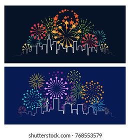 Fireworks city skyline. Celebrating firework over night town panorama, urban festive party landscape concept vector illustration