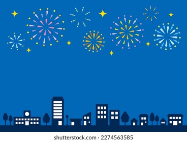 Fireworks and cityscape background, vector illustration