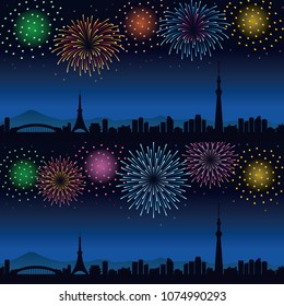 Fireworks and cityscape of Tokyo at night