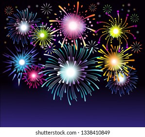 Fireworks collection. Colorful festive firework background. Vector illustration