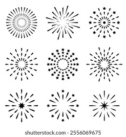 

Fireworks collection. New Year's Eve Party, Happy New Year. Vivid illustration of fireworks. Vector collection of holiday fireworks illustrations on white background.