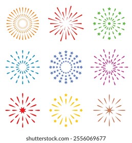 

Fireworks collection. New Year's Eve Party, Happy New Year. Vivid illustration of fireworks. Vector collection of holiday fireworks illustrations on white background.