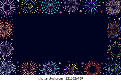 Fireworks color bright border. Celebration fire firework frame for christmas new year poster, firecracker night festival banner, birthday party card. Vintage sunburst bursting sun radial rays beams