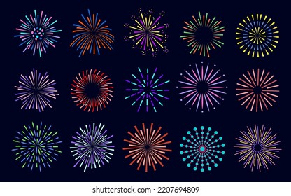 Fireworks color bright set. Celebration fire firework christmas new year pyrotechnics firecracker, night festival, birthday party. Vintage sunburst bursting sun rays. Radial light beams salute sparks